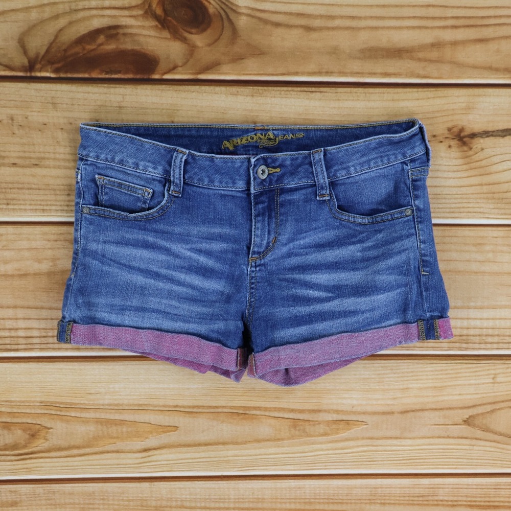 Arizona Jean Shorts Juniors Size 7 Blue Pink Accent Denim Cuffed Stretch Pockets